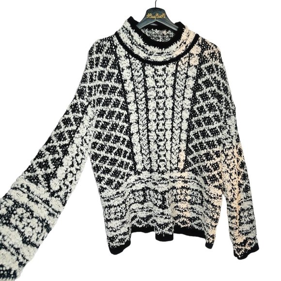Solitaire by Ravi Khosla Black White High Neck Chunky Hand Knit Sweater xl - Picture 8 of 9